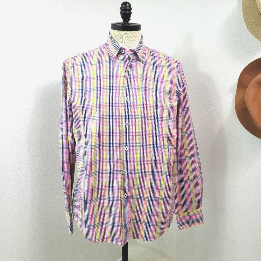 BUGATCHI UOMO Multicolor Rainbow Plaid Button Down Shaped Fit Shirt Long Sleeves
